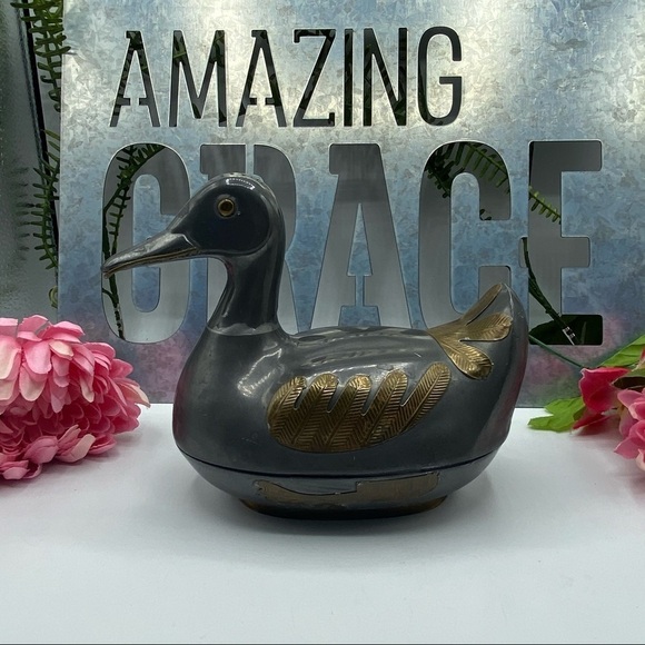 Vintage Pewter and Brass Duck Trinket Box - Picture 1 of 7